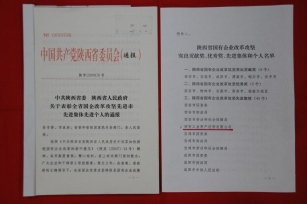 2009年2月，被陜西省委、省政府授予陜西省國有企業(yè)改革攻堅先進集體